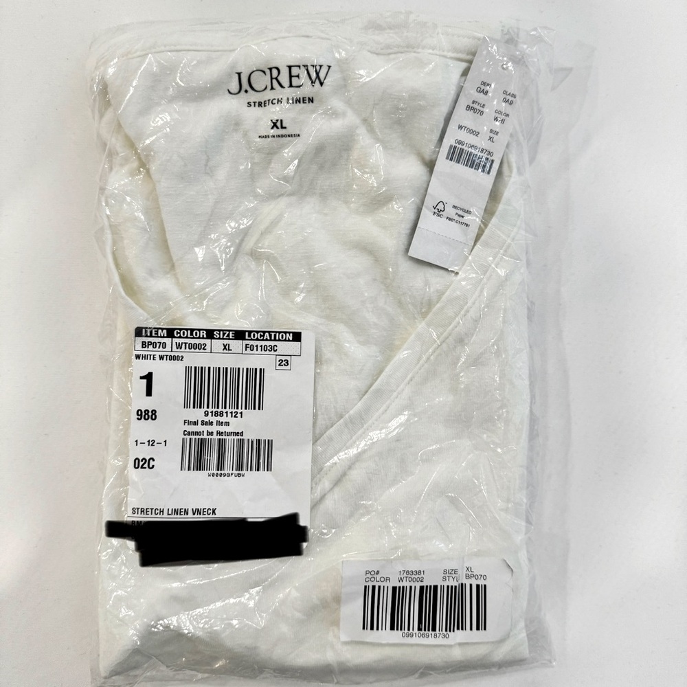 NWT JCrew V-neck t-shirt in stretch linen XL white